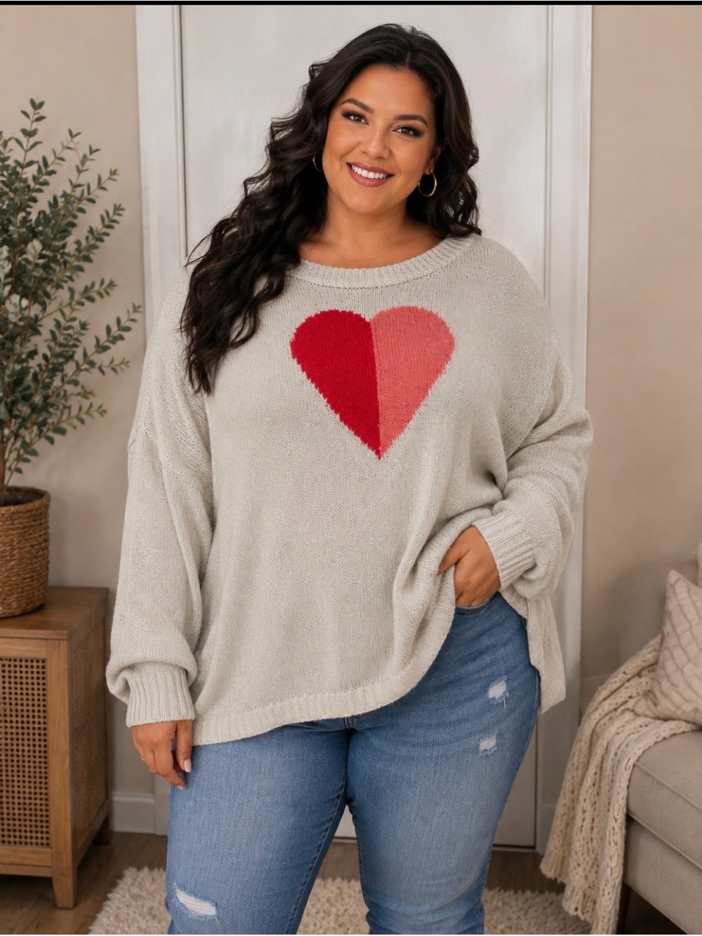 a.n.a Cream Crewneck Sweater with Two-Tone Heart